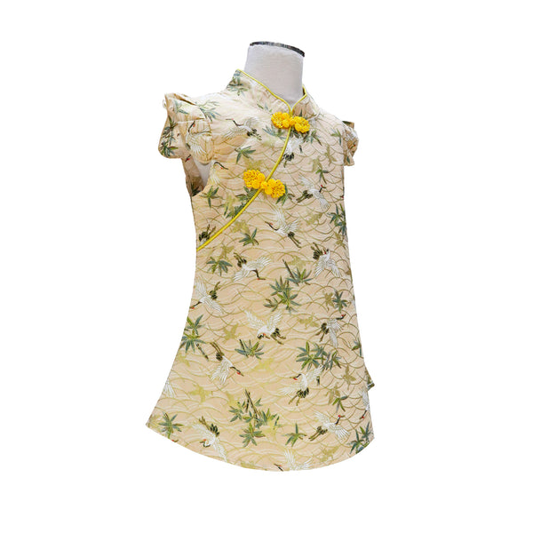 Girls Ruffle Sleeve Qipao - Cranes and Bamboo