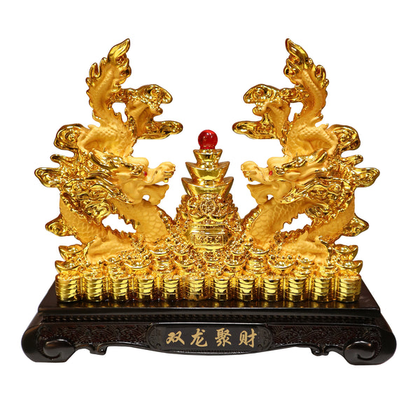 Gold Color Double Dragon Figurine with Ingots and Red Pearl on Stand