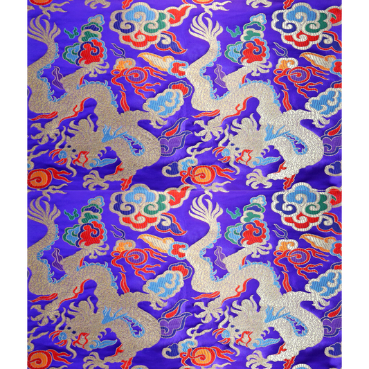 Golden Dragon on Colorful Cloud Brocade Fabric - Blue