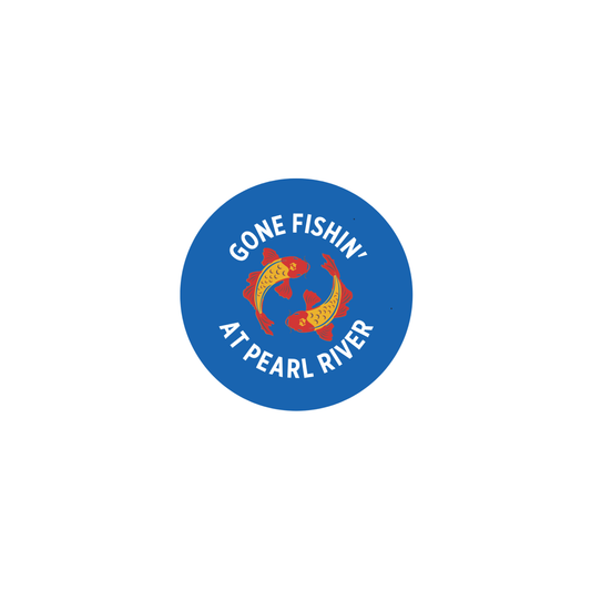 Blue pin with wording and koi fish