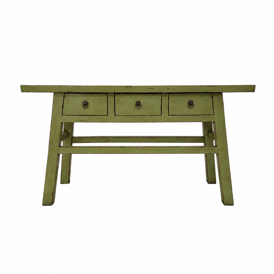 Wooden table with three drawers on a white background