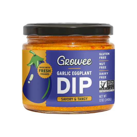 Jar of Crowee Garlic Eggplant Dip on a white background
