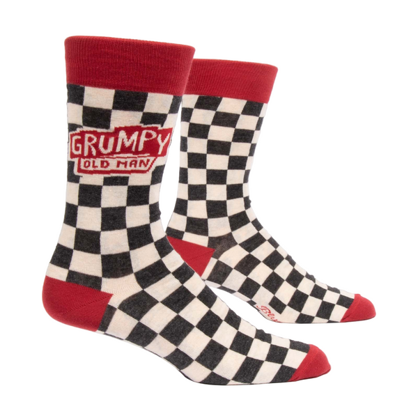 Checkered socks with red accents and 'Grumpy Old Man' text on a white background