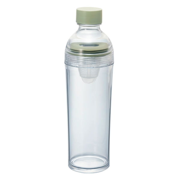 A clear glass water bottle with a light sage green cap and matching inner filter cone, shown on a plain white background.