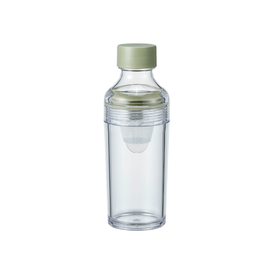 A clear plastic water bottle with a light sage green screw-on cap and matching green inner filter sleeve, shown on a solid white background.