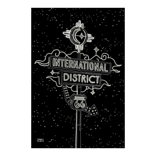 Neon sign of 'International District' with Route 66 on a black background