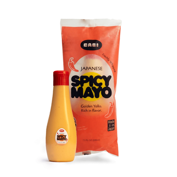 Spicy mayo bottle and packaging on a white background