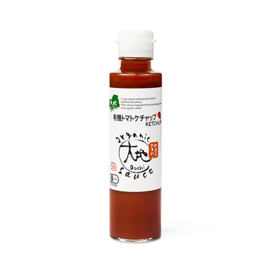 Bottle of ketchup with a white label on a white background