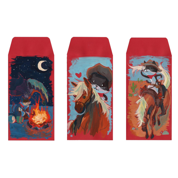 Three red envelopes with horse-themed illustrations on a white background