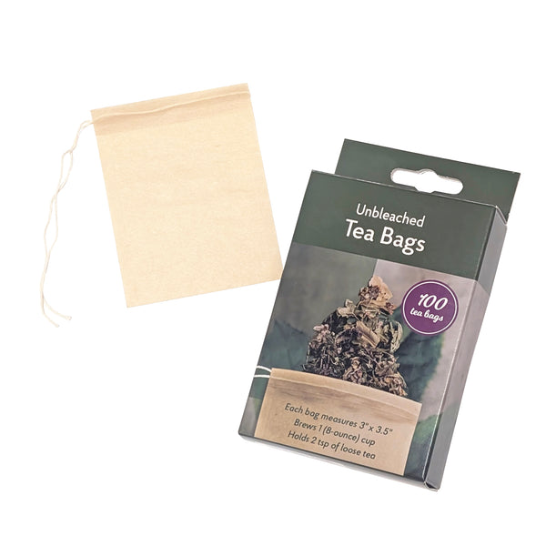 Box of unbleached tea bags alongside one bag
