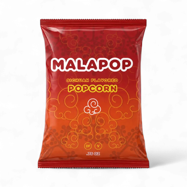 A red and orange bag of Malapop Bichuan Flavored Popcorn, featuring a glossy finish with traditional Chinese cloud patterns and bold white and yellow text, set against a plain white background.