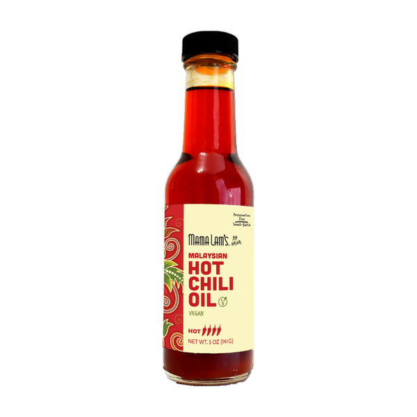 A 3 oz glass bottle of Mama Love's Vegan Hot Chili Oil, filled with red chili-infused oil and topped with a black cap, set against a plain white background.