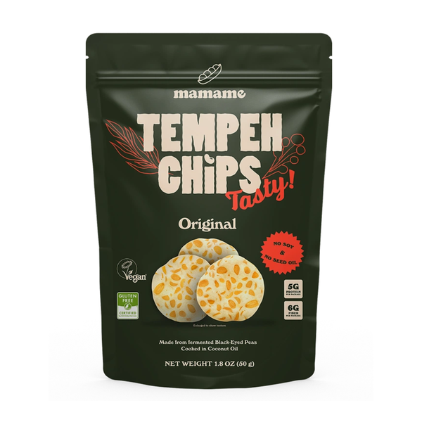 A stand-up pouch of mamae Tempeh Chips Original on a plain white background. The packaging is dark green with cream and red text, showing an illustration of three round tempeh chips with visible nut pieces inside.