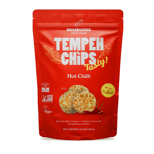 A red stand-up pouch of mamane Tempeh Chips Hot Chilli, 3.5 oz (100 g), on a white background.