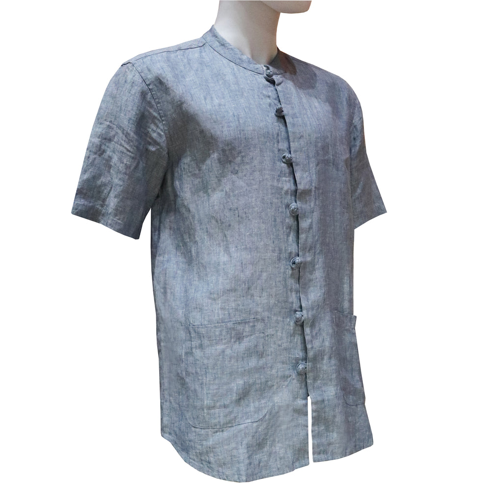 Linen Short Sleeve Shirt with Mandarin Collar - Sky Blue