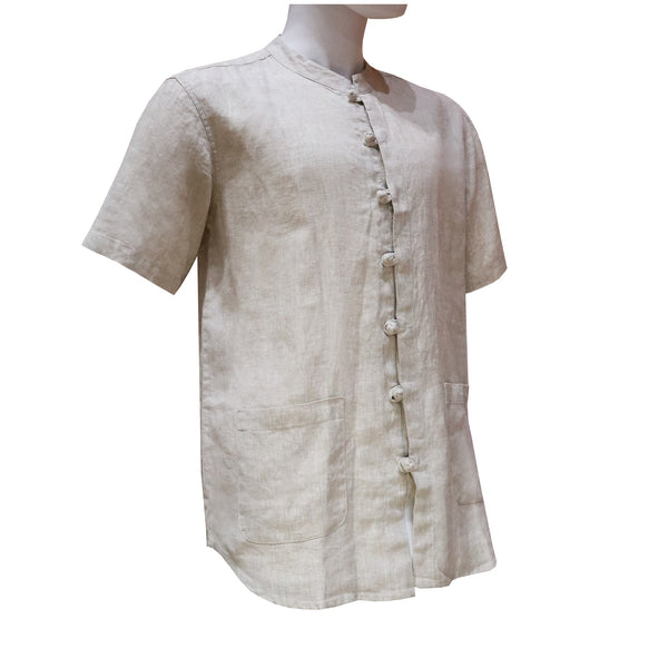 Linen Short Sleeve Shirt with Mandarin Collar - Taupe