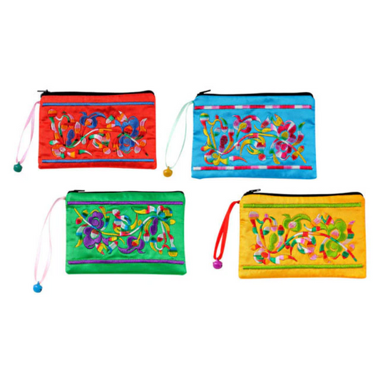 Four colorful zip pouches with floral patterns on a white background