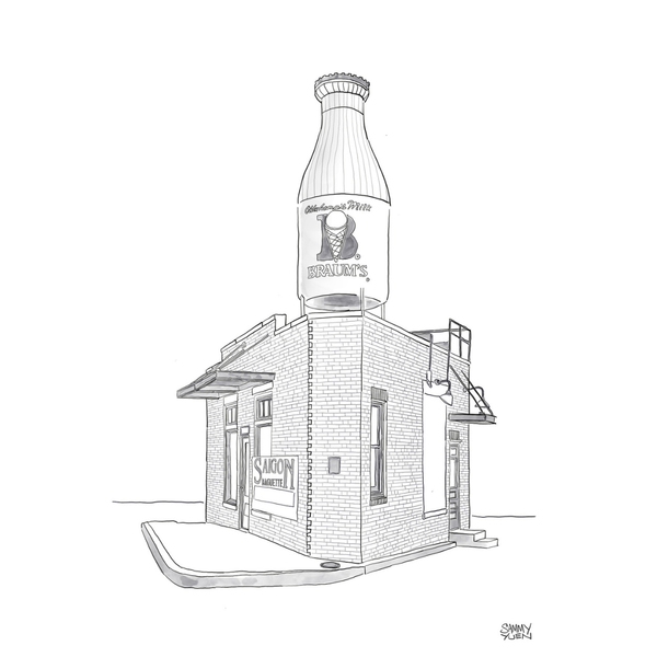Illustration of a building shaped like a bottle with a brand logo on a white background