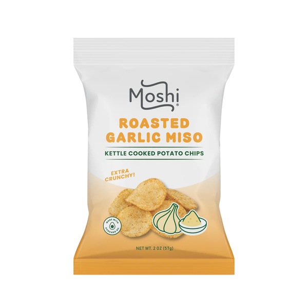 A 2 oz bag of Moshi Roasted Garlic Miso Kettle Cooked Potato Chips on a plain white background.