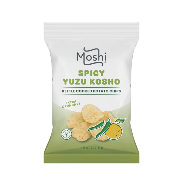 A 2 oz bag of Moshi Spicy Yuzu Kosho kettle cooked potato chips, featuring a white and light green packaging design with illustrations of chips, green chilies, and a lemon.