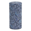 Cylindrical canister with blue floral pattern on a white background