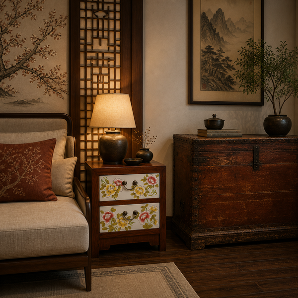 Cozy room with a sofa, lamp, and decorative chest in a traditional setting.