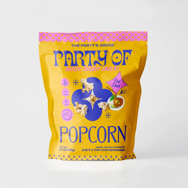 Yellow and purple bag of Party of Popcorn on a white background