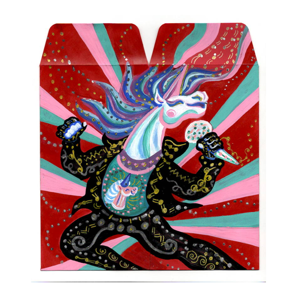 Colorful abstract design with a central figure on a red background