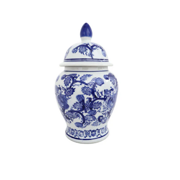 Peony Design Blue on White Ceramic Temple Jar