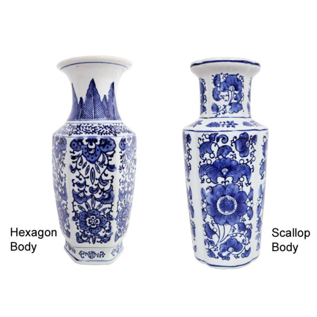 Peony Design Blue on White Ceramic Vase