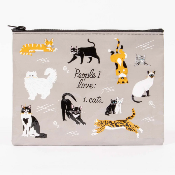 Pouch with cat illustrations and text on a beige background