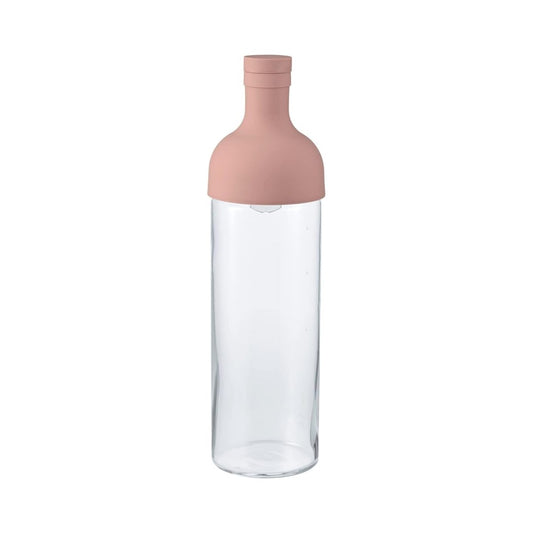 Clear glass bottle with a pink lid on a white background