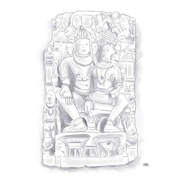 Carved stone panel with figures on a white background