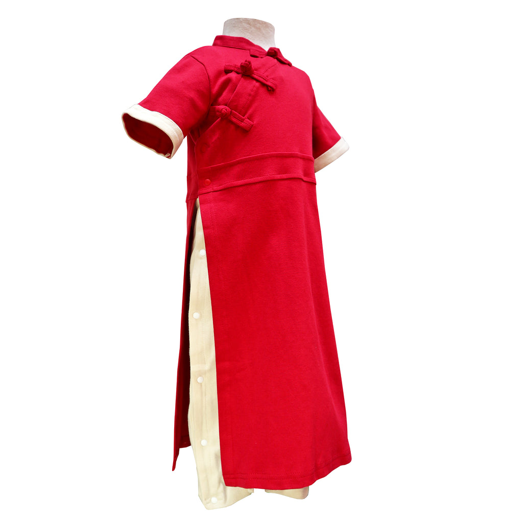 Girls Short Sleeve Qipao Romper - Red