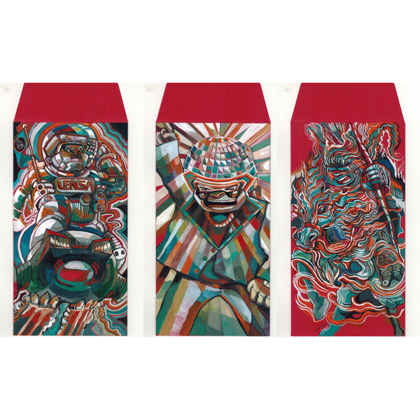 Three red envelopes with colorful artistic designs on a white background