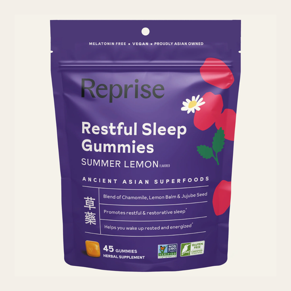 A purple stand-up pouch of Reprise Restful Sleep Gummies, Summer Lemon flavor, on a light cream background. The packaging features white text, red flower illustrations, and a small orange gummy depiction at the bottom.