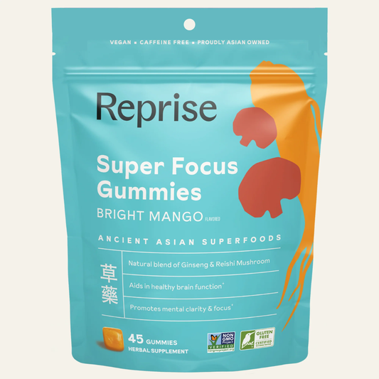 Reprise Super Focus Gummies packaging with bright mango flavor on a white background
