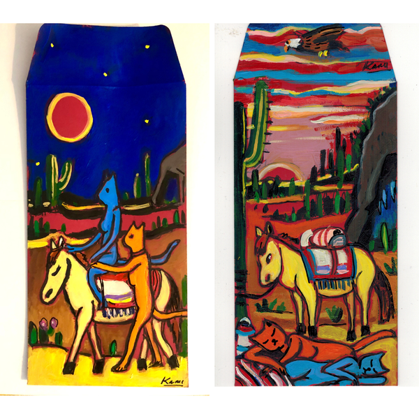 Two colorful paintings of Native American scenes with horses and landscapes.