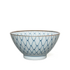 Ceramic bowl with blue geometric pattern on a white background