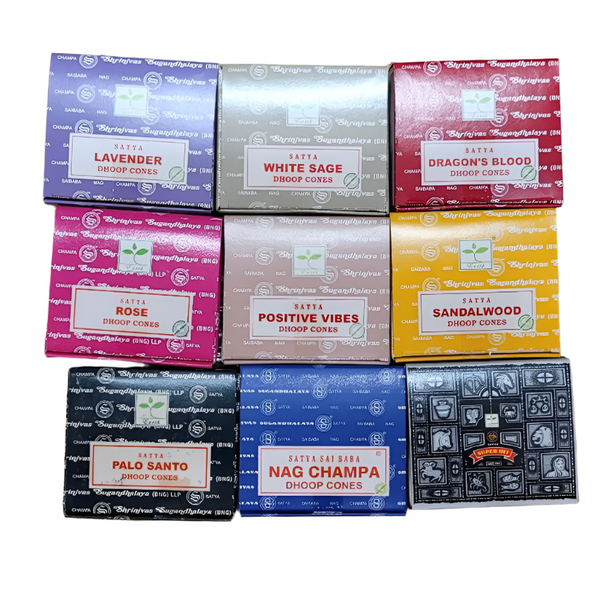 Collection of Satya brand dhoop cone boxes in various colors and scents on a white background.