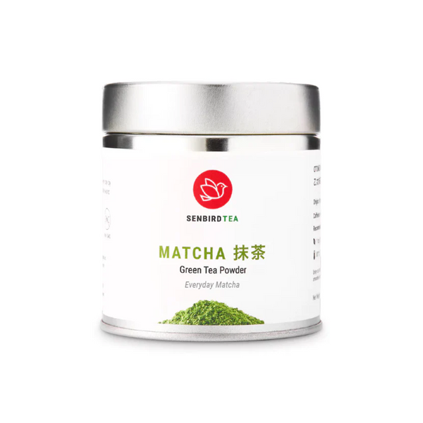 Canister of Senbird Tea Matcha green tea powder on a white background