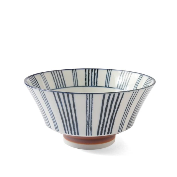 Ceramic bowl with blue stripes on a white background