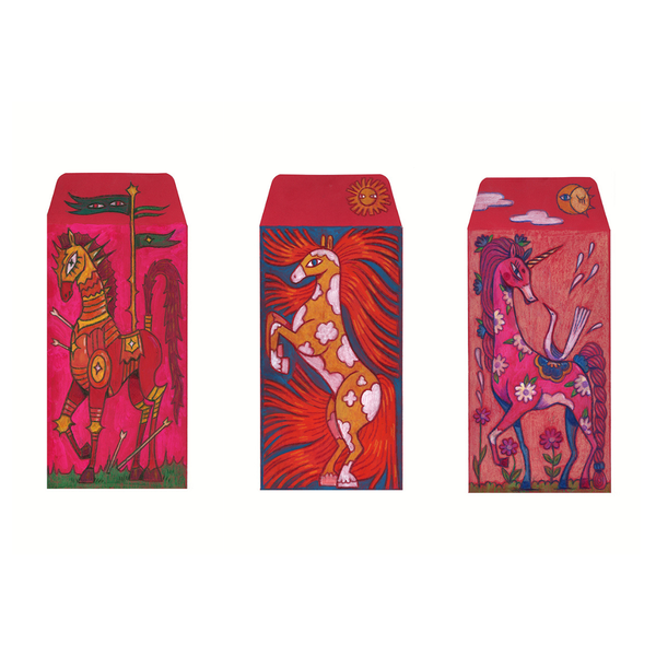 Three colorful envelopes with animal illustrations on a white background