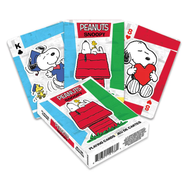 Peanuts Snoopy playing cards with visible card designs and packaging.