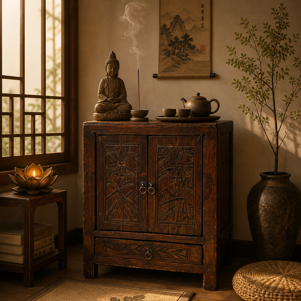 A serene room with a wooden cabinet, Buddha statue, and tea set.