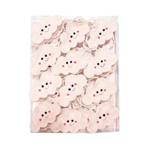 String lights in package of clouds with smiley faces