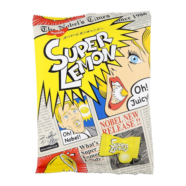 Super Lemon candy package with colorful design and text on a white background