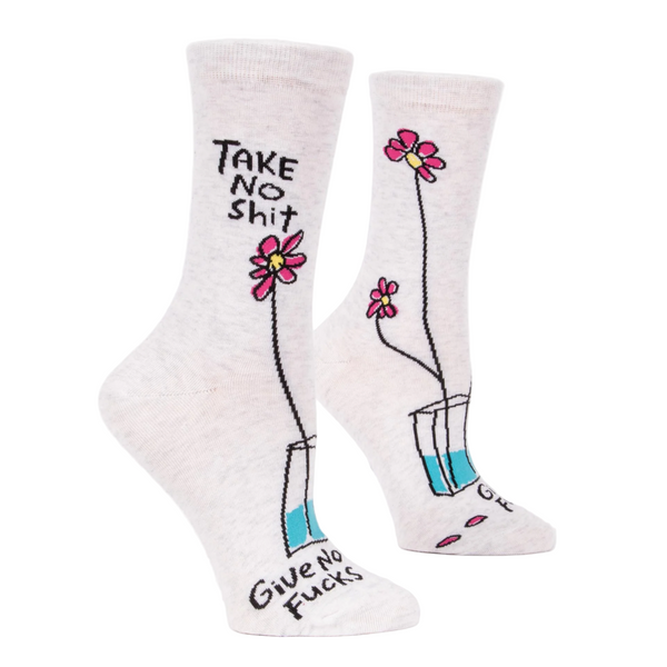 Cream color socks with Take No Shit text and flowers