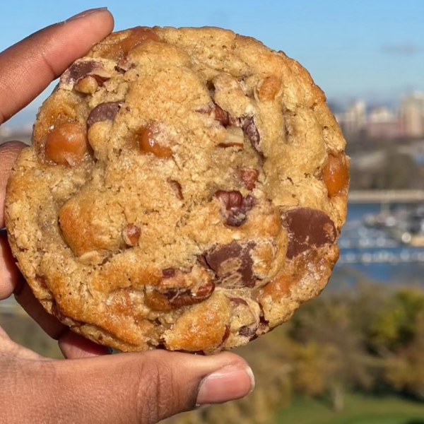 Hand holding a chocolate chip cookie with a blurred outdoor background