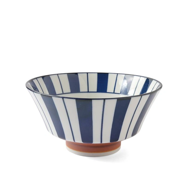 Ceramic bowl with blue and white striped pattern on a white background